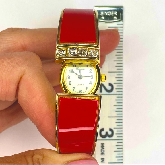 Geneva Gold and Red Hinged Cuff Bangle Bracelet Watch - Picture 10 of 10